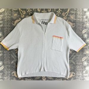 Standard Cloth White Zip-Up Short Sleeve Cardigan with Colorful Trim